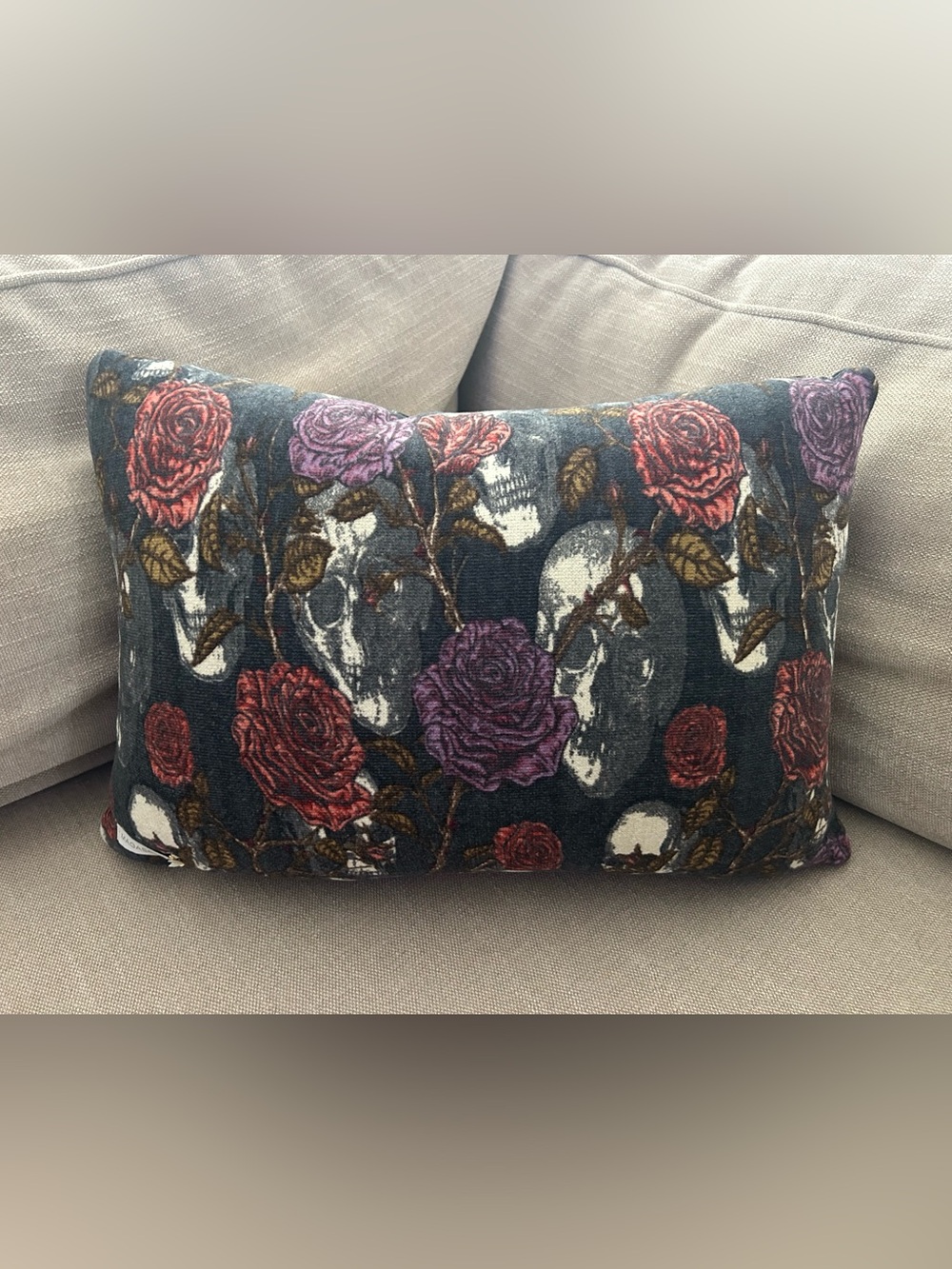 “New” Magaschoni Rectangular Velour Pillow with Red and Purple Roses & Skulls